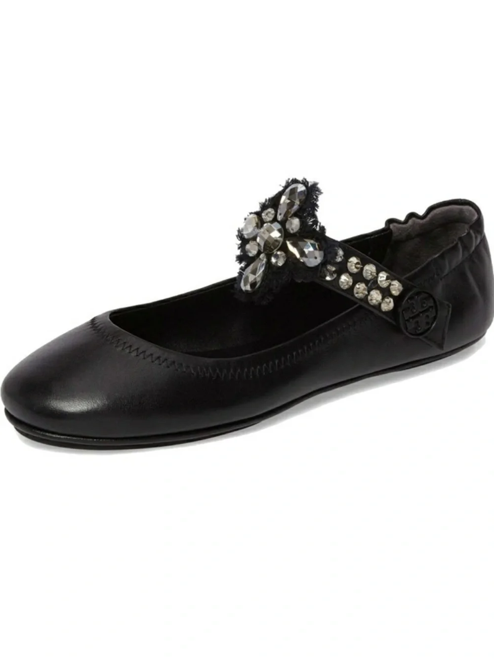 Tory Burch Minnie Black Leather Convertible Crystal Embellished Ballet Flats 10